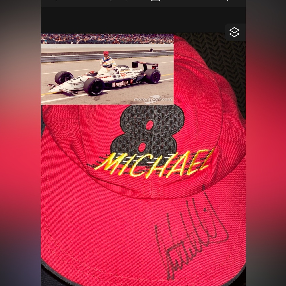 Vtg. Michael Andretti Hand Autographed Red Cap with Number 8 Indi 500 🏆 Winner